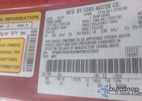 2021 Ford Bronco Sport Badlands из США, поврежденный, VIN 3FMCR9D9XMRB32393